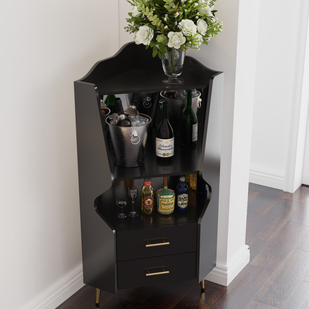 Wooden Corner Bar Cabinet With 2 Open Storage Shelves And 2 Drawers, Mirrored Back Sideboard Cabinet, High Feet Legs For Easy Cleaning, Buffet Cabinet BLACK