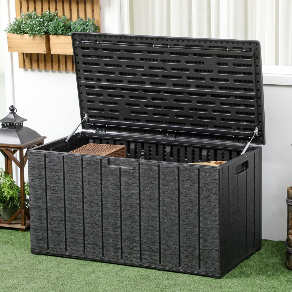 Gartenbox 366 Liter Aus Kunststoff Doppelwandiger Wasserdicht Kissenbox Mit Rollen Griffmulden Holzoptik