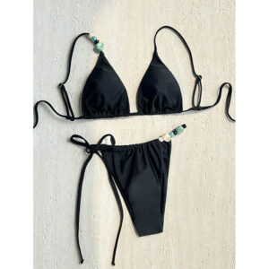 Solid-color Personalized-accents Two-piece Beach Swimsuit