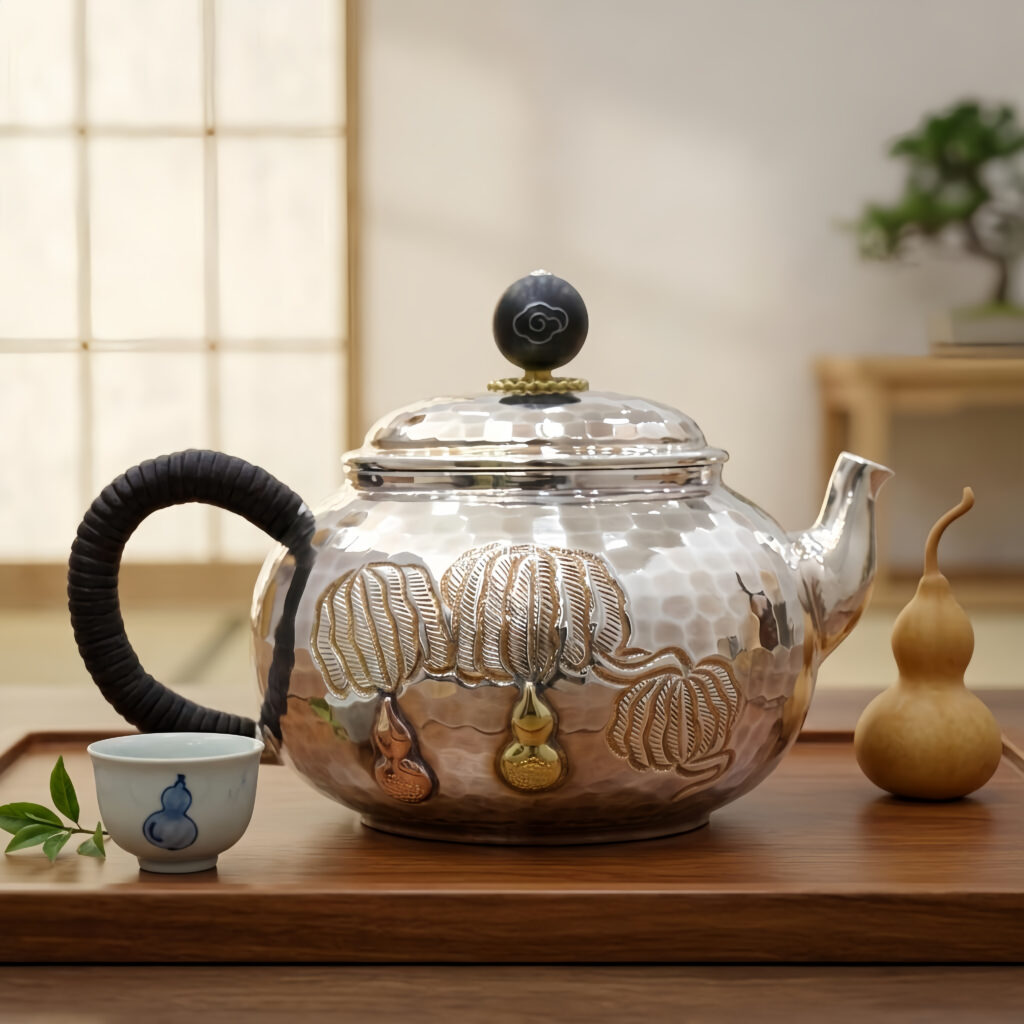 Pure 999 Fine Silver Exquisite Handcrafted Silver Teapot with Hammered Texture and Traditional Gourd Accents - Handicraft
