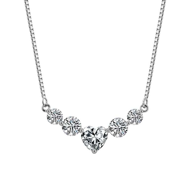 925 Sterling Silver Elegant CZ Necklace with Heart-Shaped Centerpiece on Chain