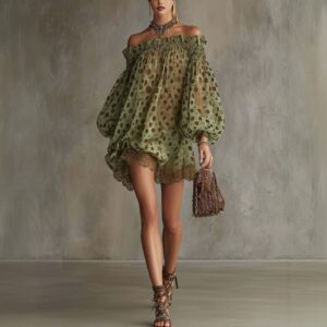 Womens Off-shoulder Printed Chiffon Dress With Puff Sleeves