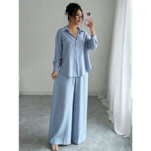 Chic Two-piece Set Plus-size Casual Shirt And High-waisted Wide-leg Pants Suit