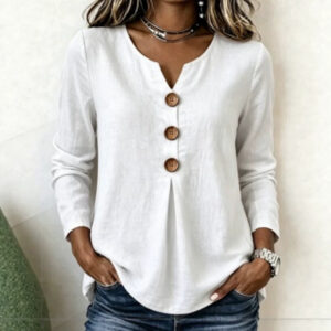 Loose-fitting Womens Cotton-linen Top With A V-neck And Buttons