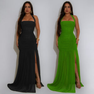 Fashionable Womens Summer Solid-color Mesh Slit Dress