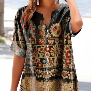 Fashionable Short-Sleeve Top For Women Printed V-Neck 3D