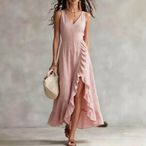 Womens V-neck Sleeveless Flounced Hem Split Dress