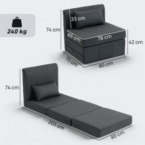 2-in-1 Schlafsessel Klappbares Sofa-Bett Mit Leinenstruktur, Gepolstertes Gästebett Klappstuhl, Dunkelgrau