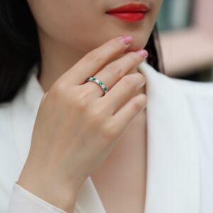 2.4g S925 Silver Platinum Plated Alternating Eternity Ring Green & White Gemstone Full Band, Stackable Dainty Promise Ring For Women, Jewelry Gift Box Set