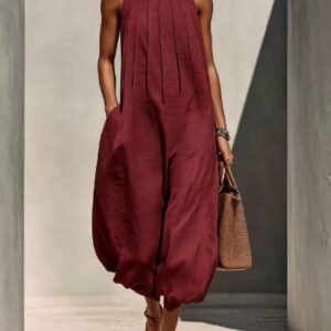 Linen-blend Sleeveless Crew-neck Relaxed-fit Chic Jumpsuit For Vacation-style