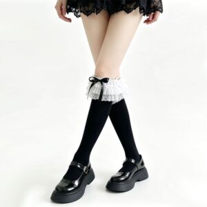 Multi Layer Lace Large Lace Ribbon Bow Calf Socks Spring And Autumn Thin JK Girl Black Mid Tube Socks