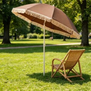 7 FT Boho Patio Umbrella With Fringe Tassel, 30' Adjustable Tilt Outdoor Sun Canopy, Portable 2-Section Metal Beach Umbrella