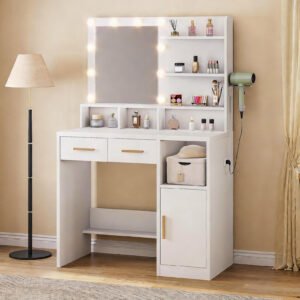 Vanity Desk White Easy Assembly Makeup Table With Mirror 3 Color LED Bulbs Power Outlet Open Storage Shelves Cabinet Drawers For Bedroom