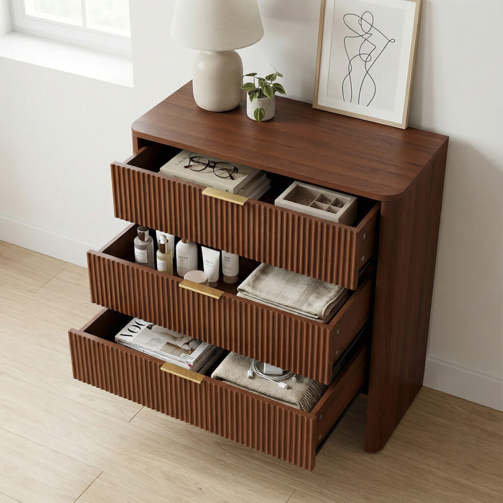 Wooden Cabinet With 3 Drawers Wavy Pattern Modern Bedside Cupboard Dressing Table For Bedroom Living Room Hallway Walnut Color