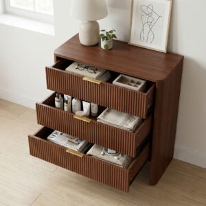 Wooden Cabinet With 3 Drawers Wavy Pattern Modern Bedside Cupboard Dressing Table For Bedroom Living Room Hallway Walnut Color