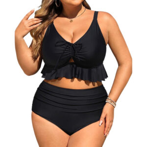 High-waisted Ruffled Solid-color Bikini Set Sexy Swimwear