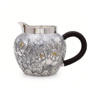 Pure 999 Fine Silver Antique Teapot with Intricate Floral Engraving and Black Handle - Handicraft