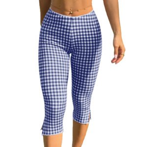 Womens Plaid Knitted Stretch Leggings Casual Pants