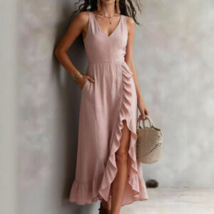 Womens V-neck Sleeveless Flounced Hem Split Dress