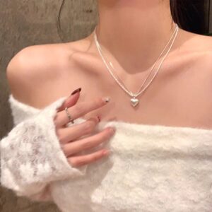 1pc 999 Sterling Silver Sparkling Beaded Chain With Heart Pendant Necklace, Minimalist Luxurious Style, Perfect For Daily Wear & Valentine's Gifts