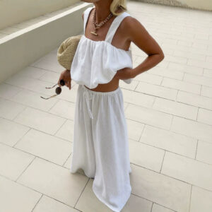 Casual, Relaxed Resort-style White Cotton-linen Vest And Flared Midi Skirt Two-piece Set