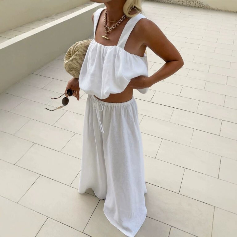 Casual, Relaxed Resort-style White Cotton-linen Vest And Flared Midi Skirt Two-piece Set