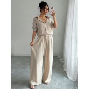 Chic Two-piece Set Plus-size Casual Shirt And High-waisted Wide-leg Pants Suit