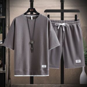 Waffle-Weave T-Shirt Mens Short-Sleeve Viscose Summer Two-Piece Set