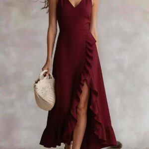 Womens V-neck Sleeveless Flounced Hem Split Dress