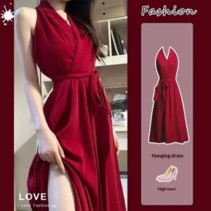 A-line Mature-style Waist-cinching Tied Figure-hugging Midi Dress