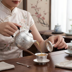 Pure 999 Fine Silver Handcrafted Fine Silver Teapot with Intricate Floral Engravings and Rosewood Handle - Handicraft