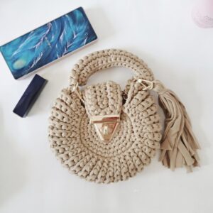 Bohemian Womens Solid-Colored Fabric-Strap Crochet Bag