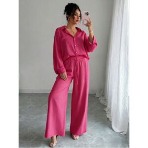 Chic Two-piece Set Plus-size Casual Shirt And High-waisted Wide-leg Pants Suit