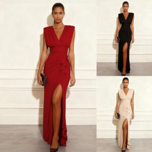 Solid-color Minimalist V-neck Sleeveless Slit Dress