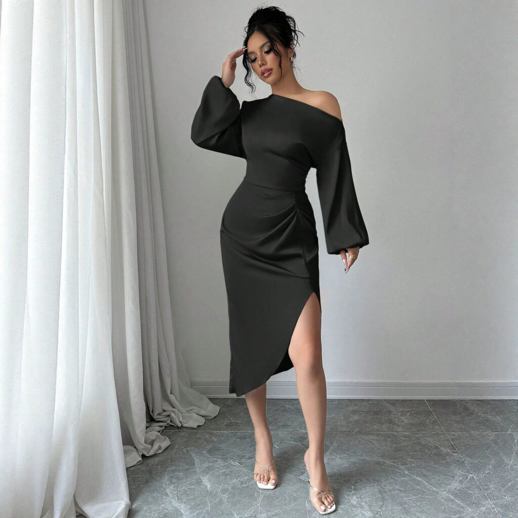 Off Shoulder Long Sleeve Dress With A Slanted Neckline