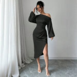 Off Shoulder Long Sleeve Dress With A Slanted Neckline