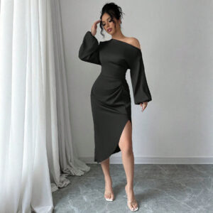 Off Shoulder Long Sleeve Dress With A Slanted Neckline