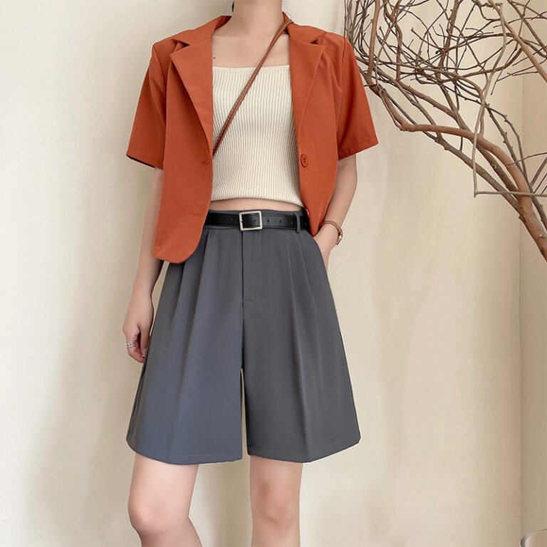 Womens High-waisted Suit Shorts Loose-fitting Wide-leg Pants