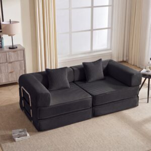 78 Convertible Sofa Bed, Modular Corduroy Couch With 2 Pillows, Space-Saving Compressed Floor Sofa, Ideal For Living Room, Bedroom, Apartment,Black.