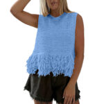 European And American Style Heavy Industry Tassel Hem Knitted Vest Solid Color Round Neck Sleeveless Outerwear Casual Versatile Short Top