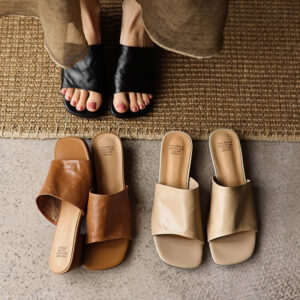Luxury Dyed Full Grain Leather Closed Back Sandals, Full Grain Cowhide Insole, Low Block Heel Non Slip TPR Outsole Casual Summer Footwear