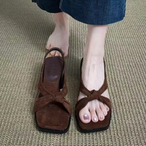 Women’s New Casual Square-Toe Bow Platform Sandals, Breathable Summer Flats With Ankle Strap