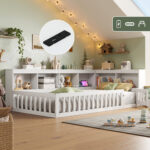 3ft Single Floor Bed Frame With Beside Bookcase And Storage Shelves, Full Floor Bed Frame With Guardrails And Door For Bedroom, USB And Type - C Ports, White No Mattress