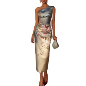 Elegant Figure-flattering Midi One-shoulder Printed Evening Gown
