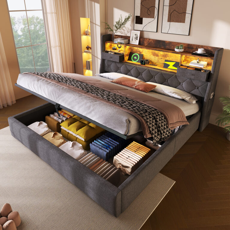 Upholstered Bed 4ft6 Hydraulic Bed With LED Lighting, USB Type-C Charging, Storage Headboard For Cellphones & Tablets, 135 X 190 Cm Double Bed With Metal Slatted Frame, Linen, Grey No Mattress