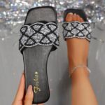 Water Diamond Flat Sandals For Women's Summer New Trend, Full Diamond Square Head, One Line Slippers For Wearing Outside