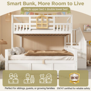 Bunk Beds For Kids, Staircase Bunk With Hydraulic Storage, Children S Bed With Storage Cube, Double Bunk Bed For Family With Multiple Children, 90 135 X 190 Cm, Solid Wood, White