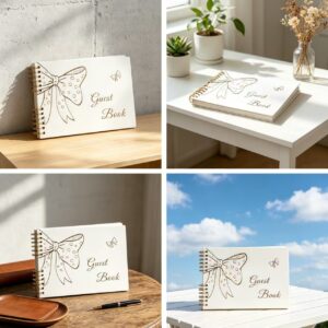 Customizable Wooden Cover Wedding Guest Book With Bow Engraving, Wedding Guest Sign-in Book For Cross-border Sale