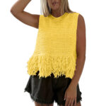 European And American Style Heavy Industry Tassel Hem Knitted Vest Solid Color Round Neck Sleeveless Outerwear Casual Versatile Short Top