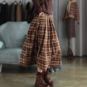 Retro Plaid Flannel Swing Skirt Long Dress With Elastic Waist